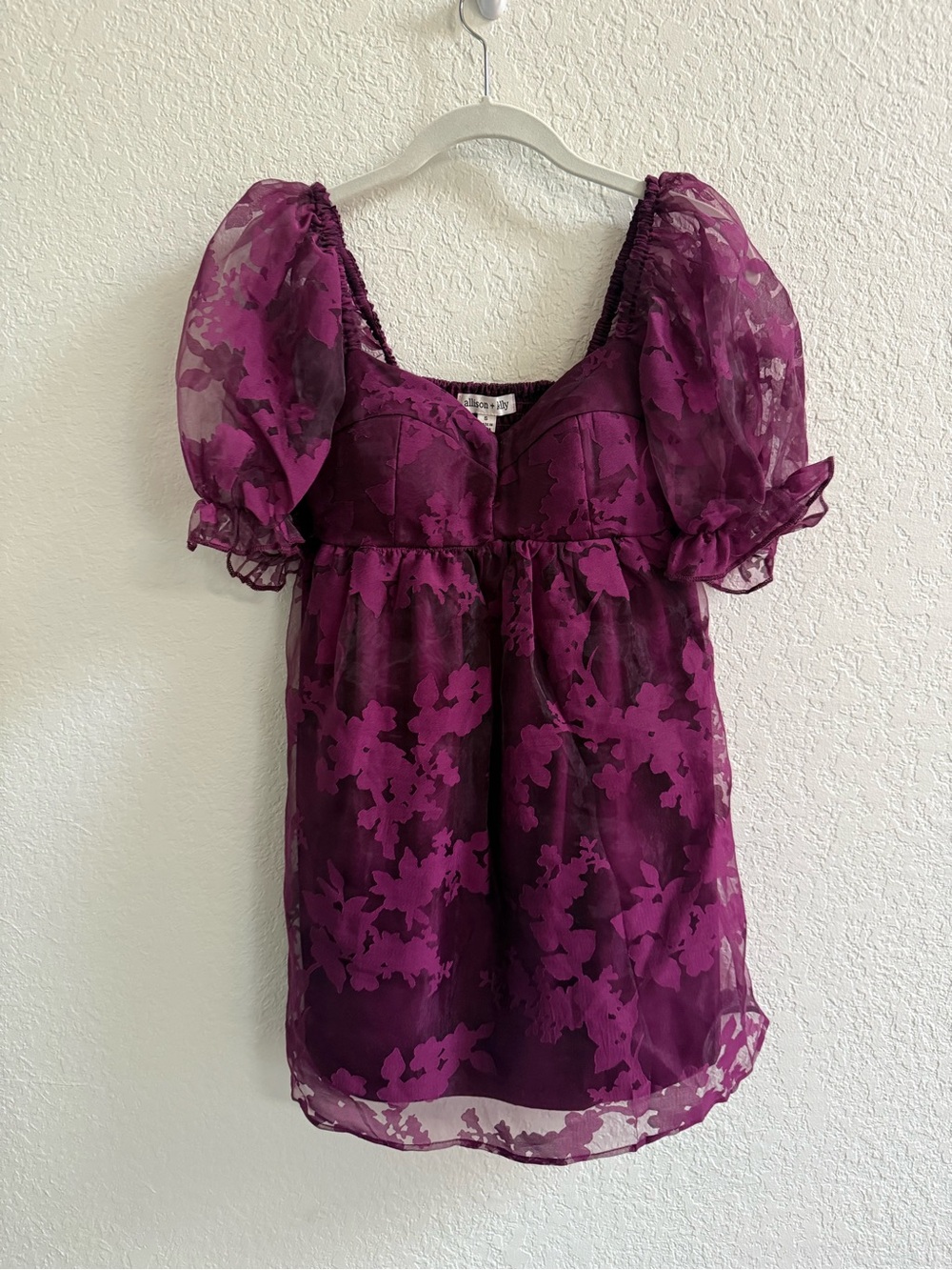 Sheer Puff-Sleeve Mini Dress in Deep Purple